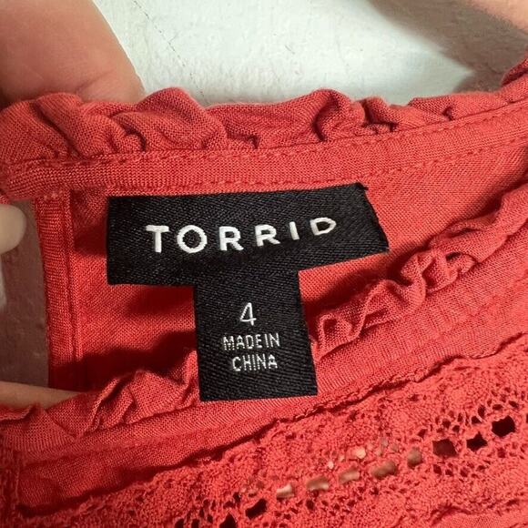Torrid Top Blouse Eyelet Pintuck Plus 4 Burnt Orange Embroidered Boho Festival - Picture 7 of 10